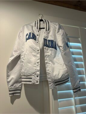 Champion White Jacket with Black Trim and Gray Stripe